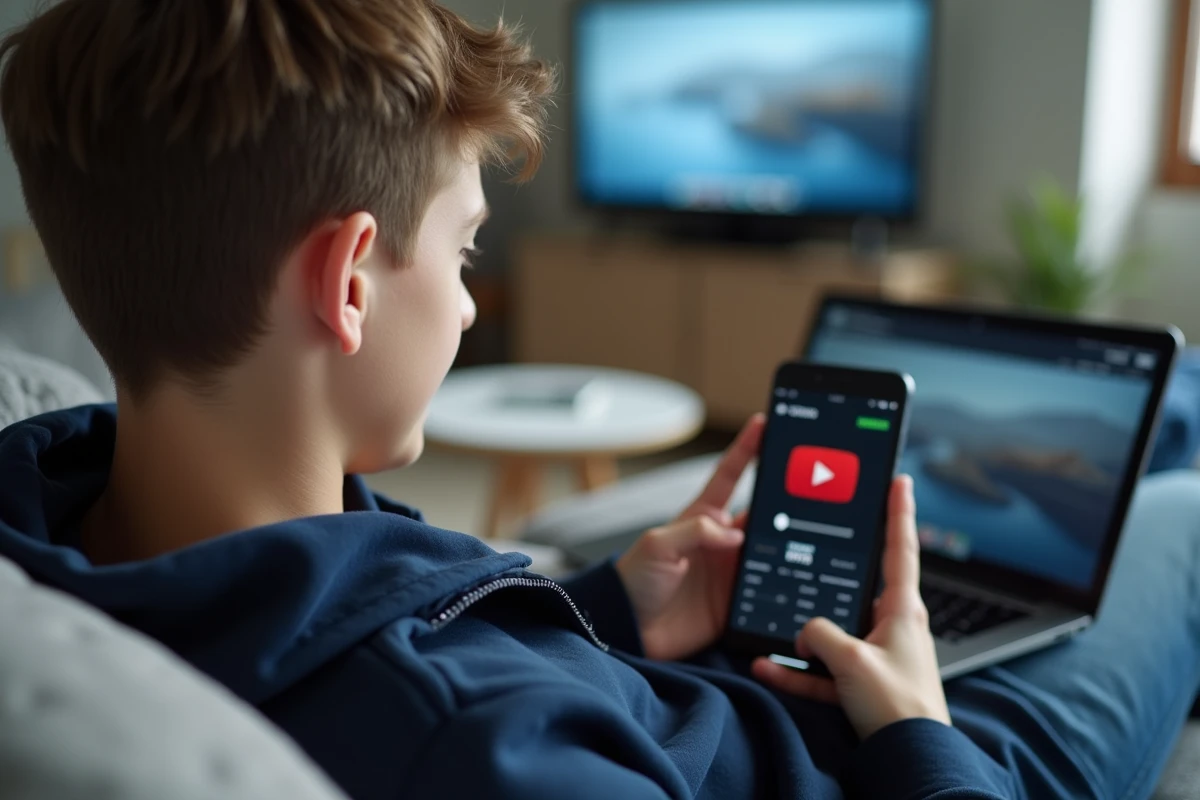 Adolescent convertissant une vidéo YouTube en MP4 gratuitement depuis son smartphone dans un salon
