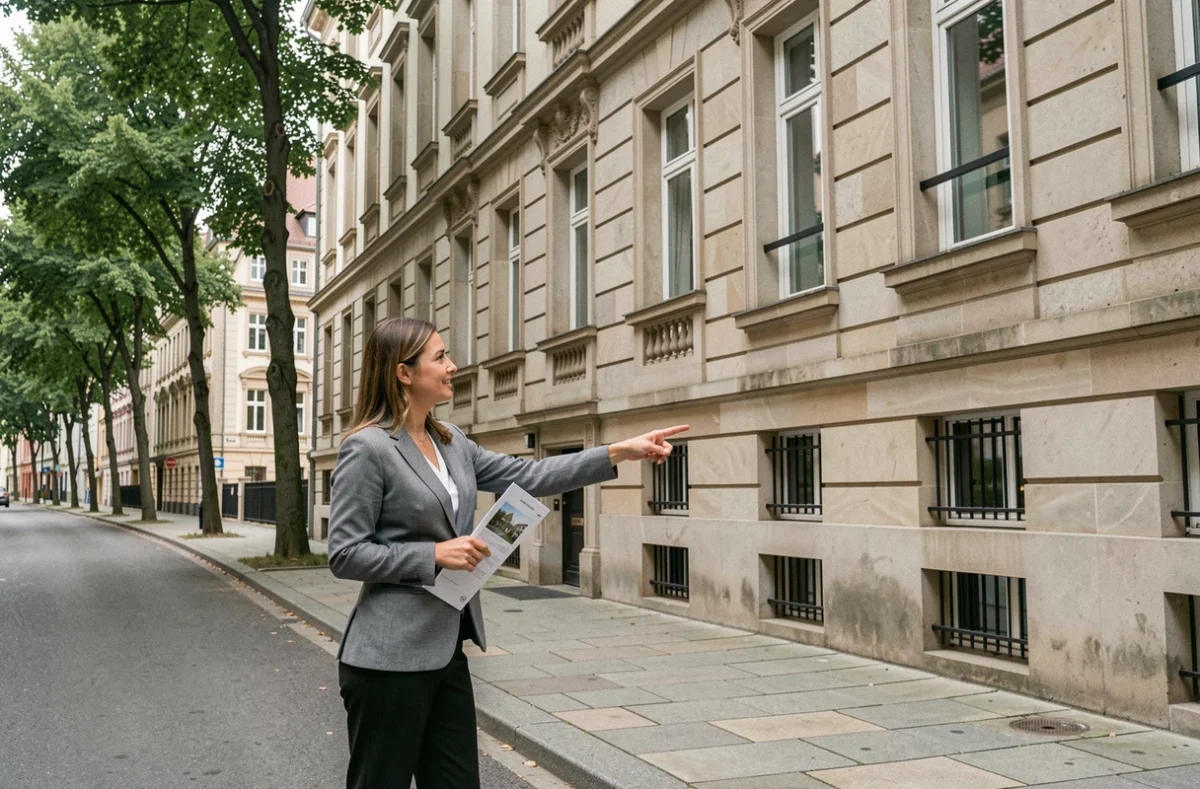 Agent immobilière présentant un immeuble résidentiel locatif dans une rue urbaine européenne, tenant un dossier de propriété