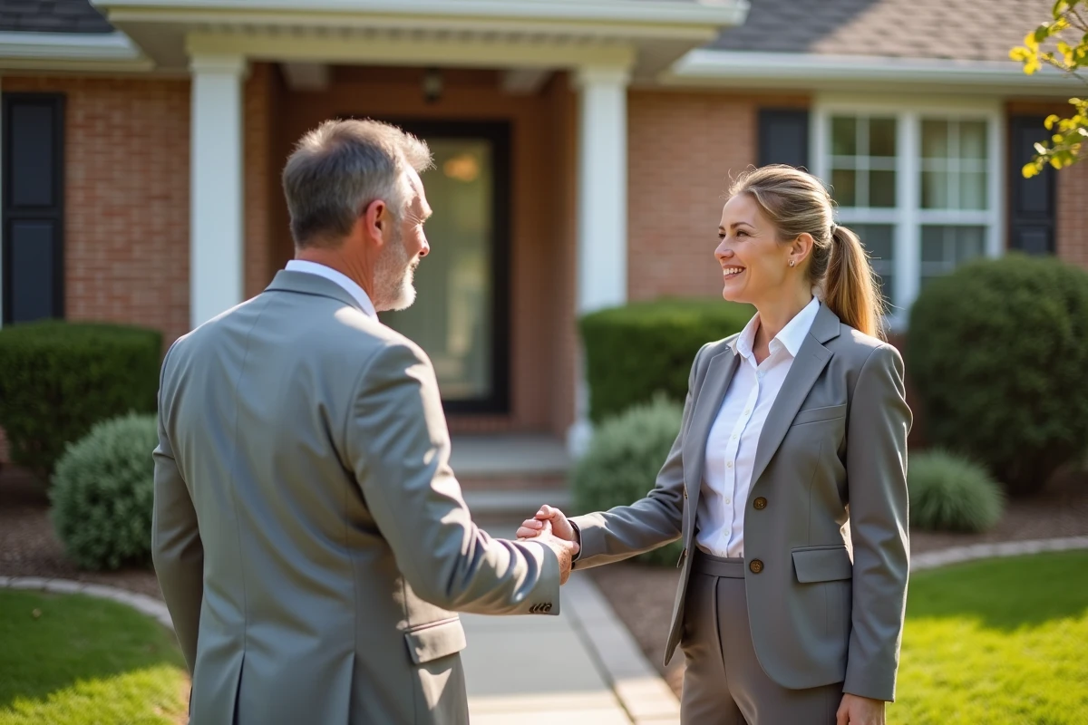 Agent immobilier accueillant un couple devant une maison
