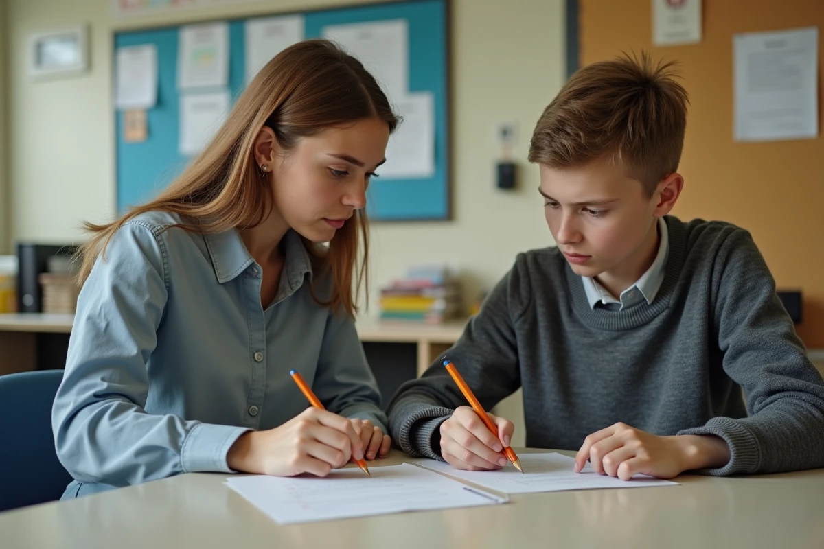 Jeune femme aidant un adolescent à remplir un formulaire