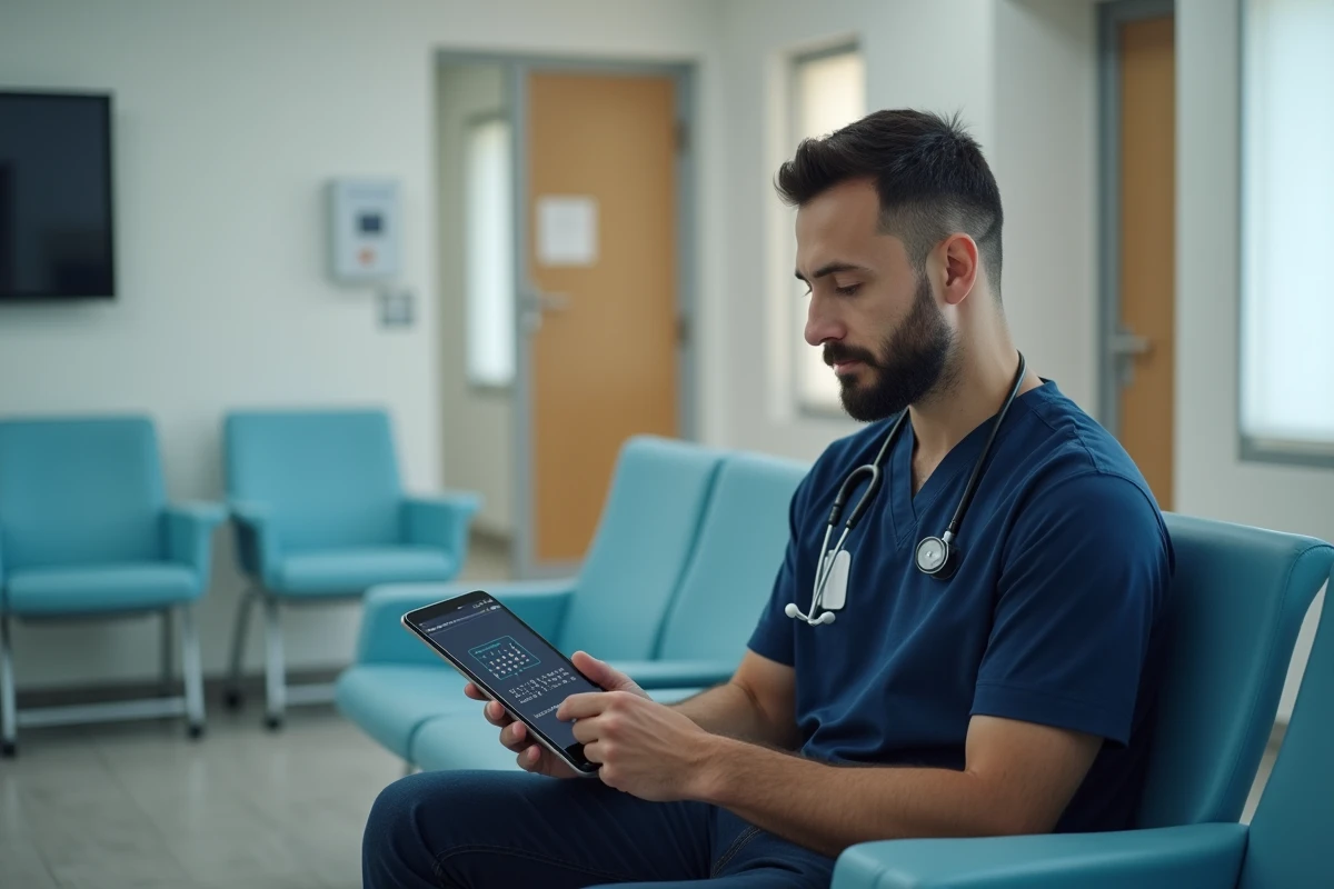 Homme consultant Doctolib sur une tablette dans une salle d'attente médicale pour activer une alerte de disponibilité