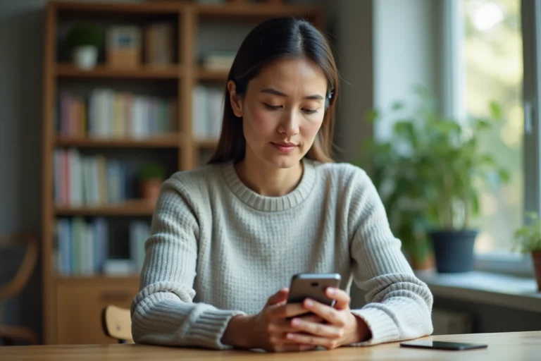 Femme activant une alerte de rendez-vous médical sur Doctolib depuis son smartphone à son bureau