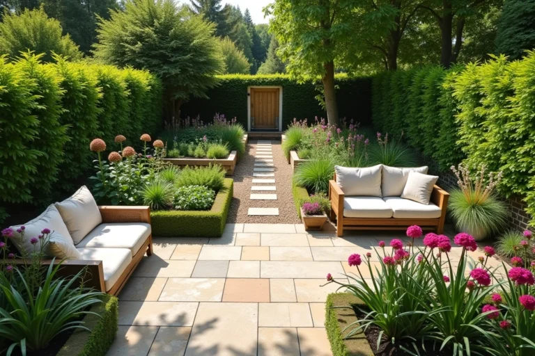 Vue d'ensemble d'un jardin résidentiel aménagé avec terrasse, potager, haie végétale et point d'eau
