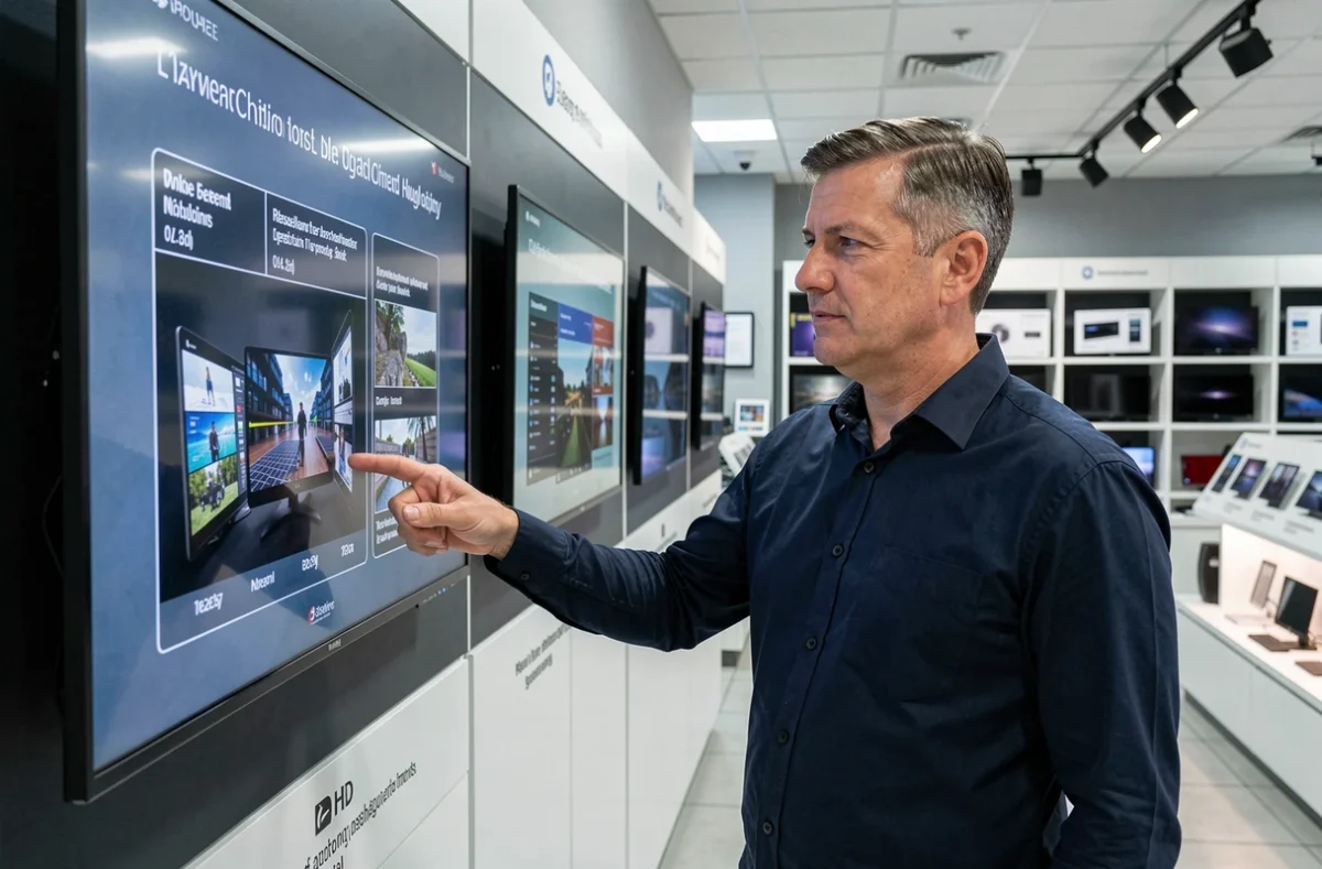 Homme analysant les différences de qualité vidéo HDTS sur un mur d'écrans en magasin technologique