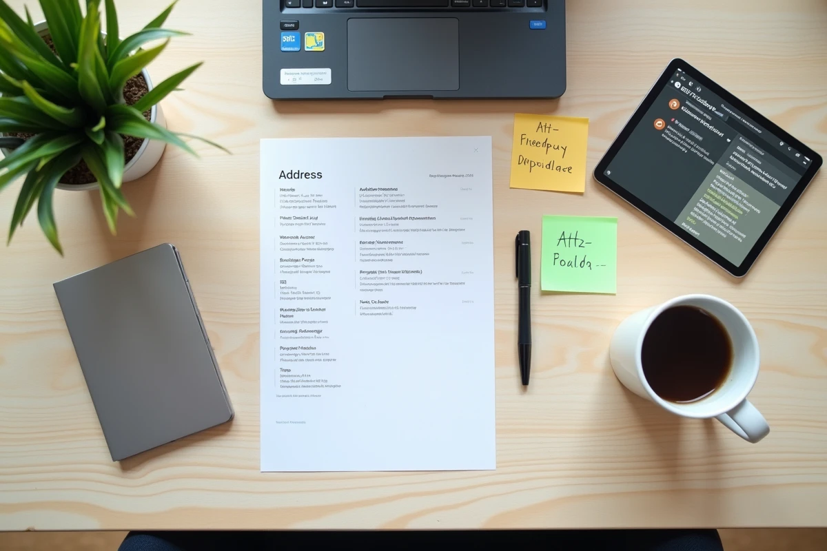 Vue en plongée d'un bureau avec des documents listant l'historique des adresses de Padraz