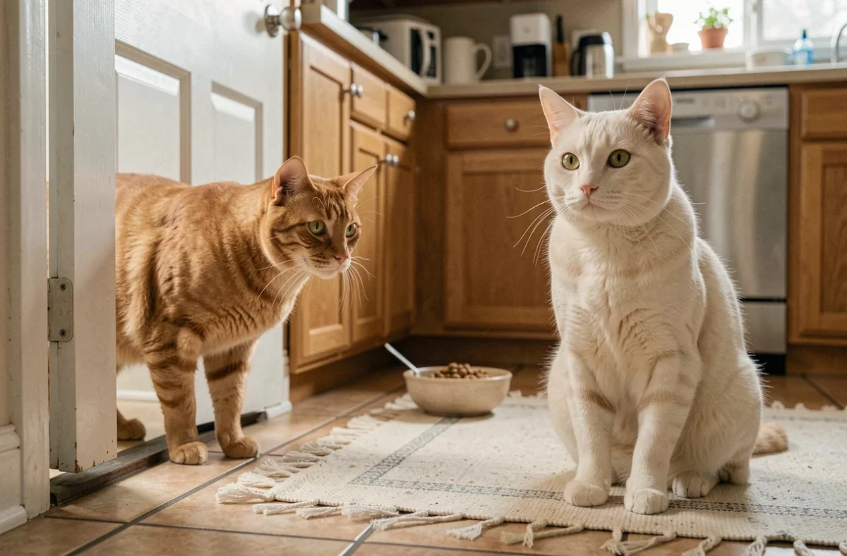 Un chat roux s'introduit dans une cuisine familiale tandis qu'un chat crème résidant surveille l'intrusion depuis le sol carrelé