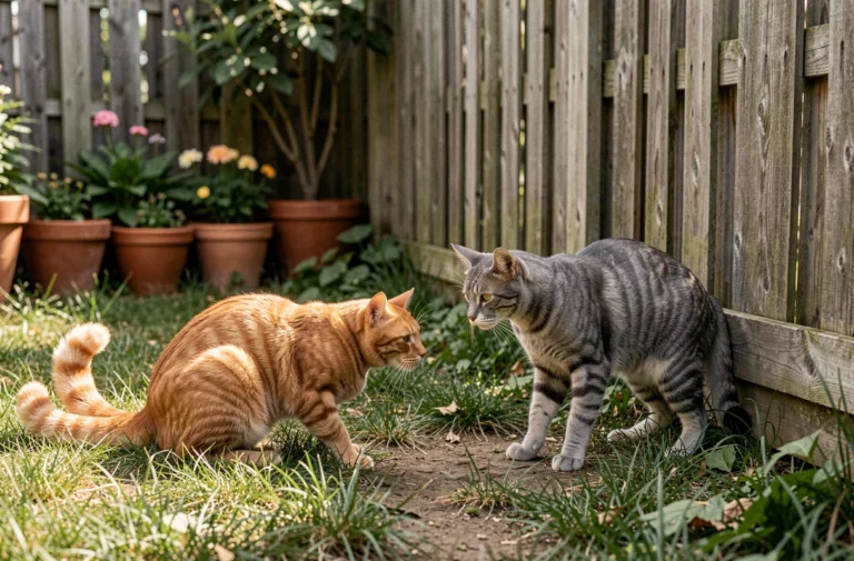Deux chats en confrontation territoriale dans un jardin résidentiel, l'un crispé face à un intrus gris près d'une clôture en bois