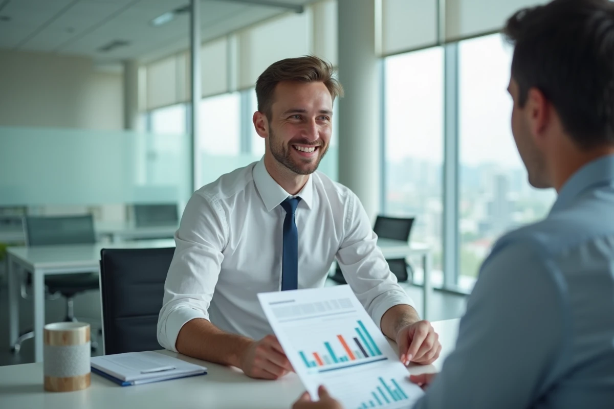Conseiller bancaire présentant les meilleurs taux de prêt immobilier à un client en agence