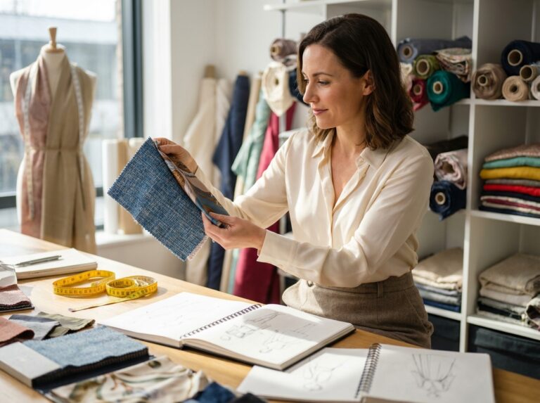 Consultante en mode compare des tissus dans un atelier lumineux