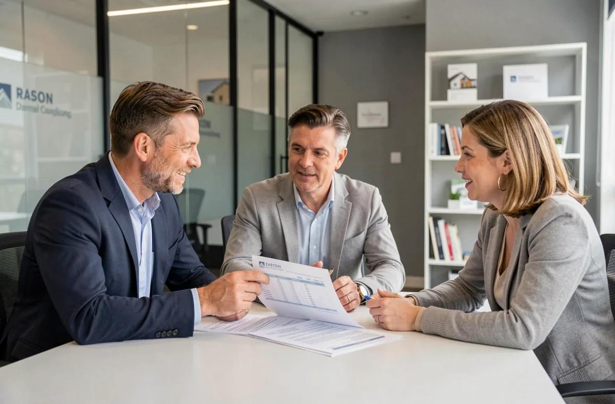 Couple discutant d'un investissement locatif avec un conseiller financier autour de contrats immobiliers dans une agence moderne