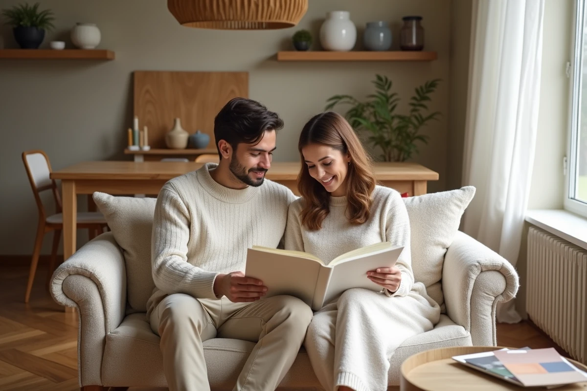 Jeune couple analysant des échantillons de peinture dans un coin repas