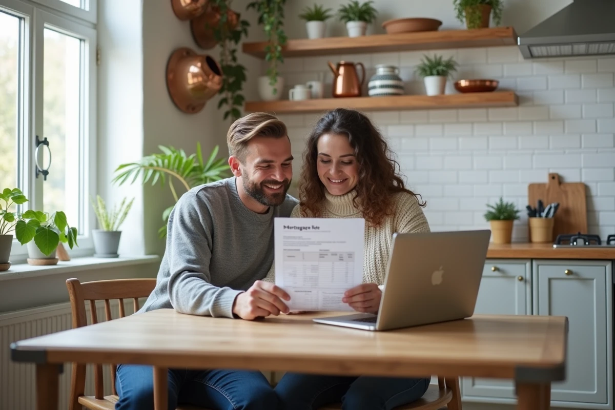 Couple étudiant les offres de taux de prêt immobilier ensemble dans leur cuisine