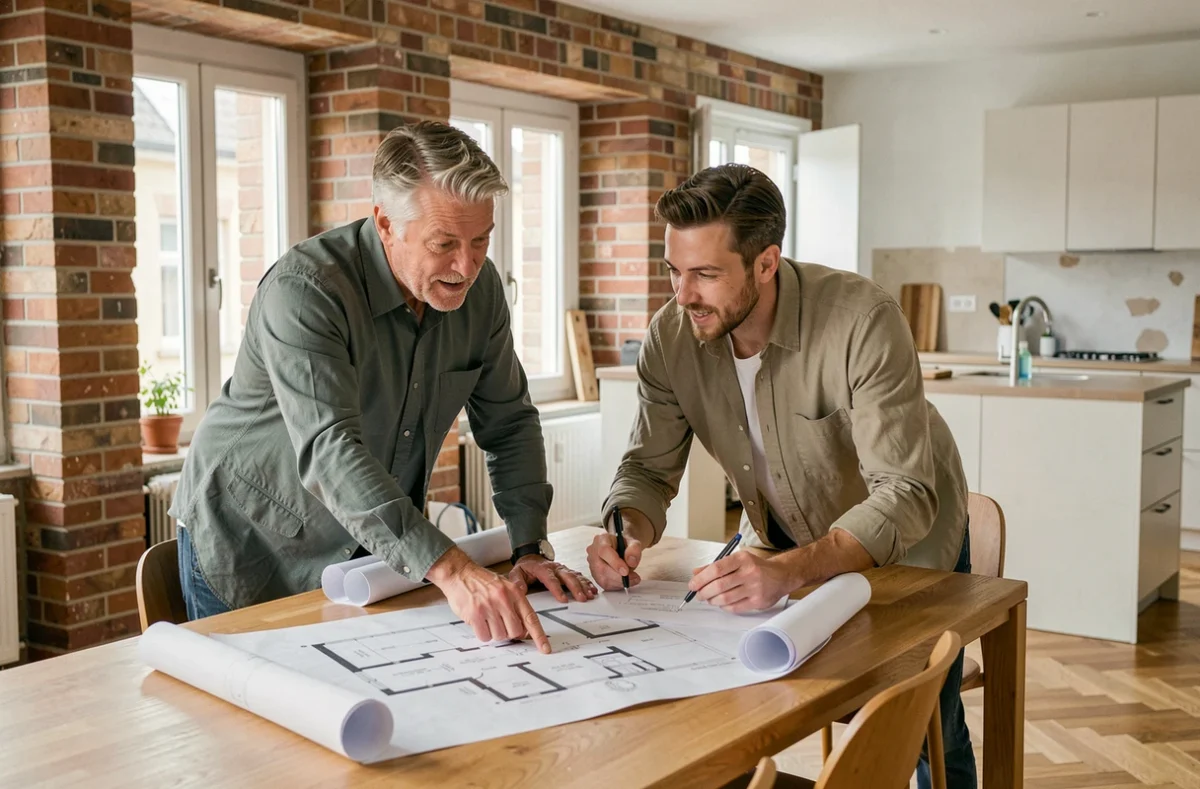 Couple belge discutant de plans architecturaux pour un projet immobilier dans une maison en rénovation