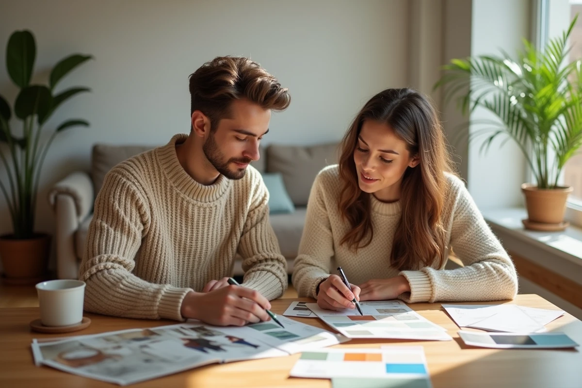 Jeune couple choisissant des échantillons de peinture dans un appartement lumineux