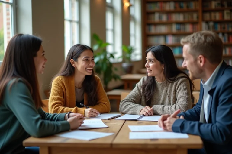 Groupe de citoyens adultes débattant autour d'une table dans une bibliothèque communautaire, illustration de la réflexion citoyenne collective