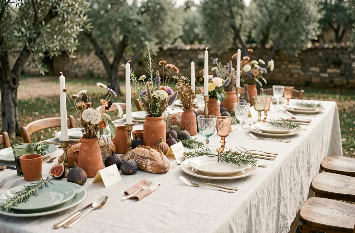 Table de réception de mariage en extérieur avec décoration bohème champêtre en Provence, vaisselle vintage et fleurs séchées