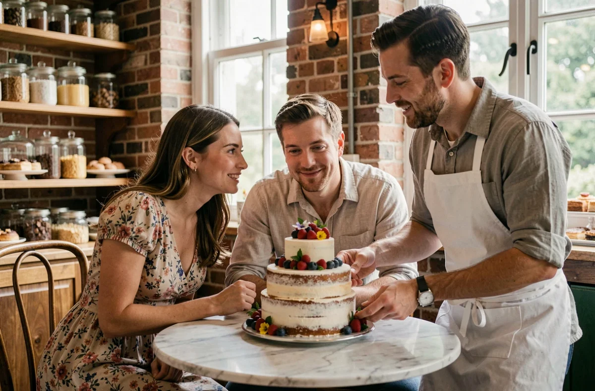 Couple de futurs mariés en dégustation de gâteau de mariage avec un pâtissier dans une boutique élégante