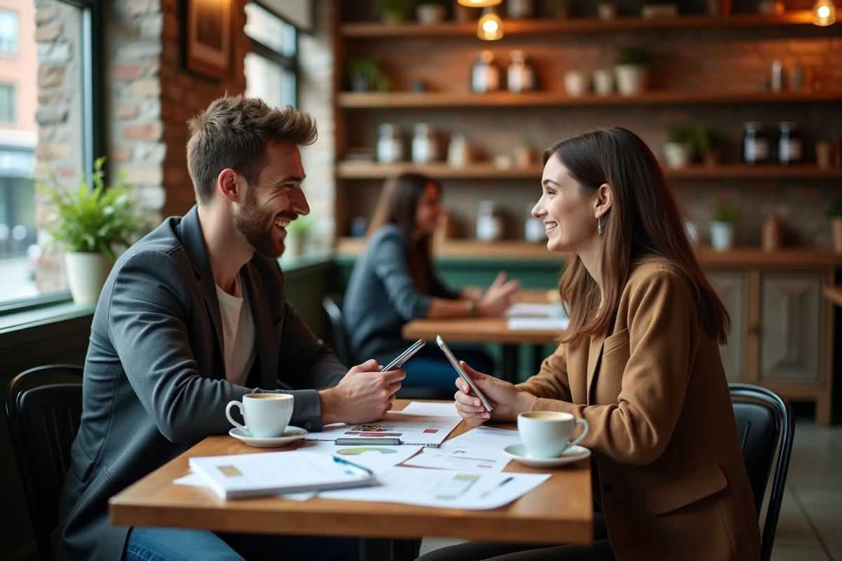 Deux jeunes entrepreneurs discutant d'une stratégie de lancement d'entreprise autour d'un café