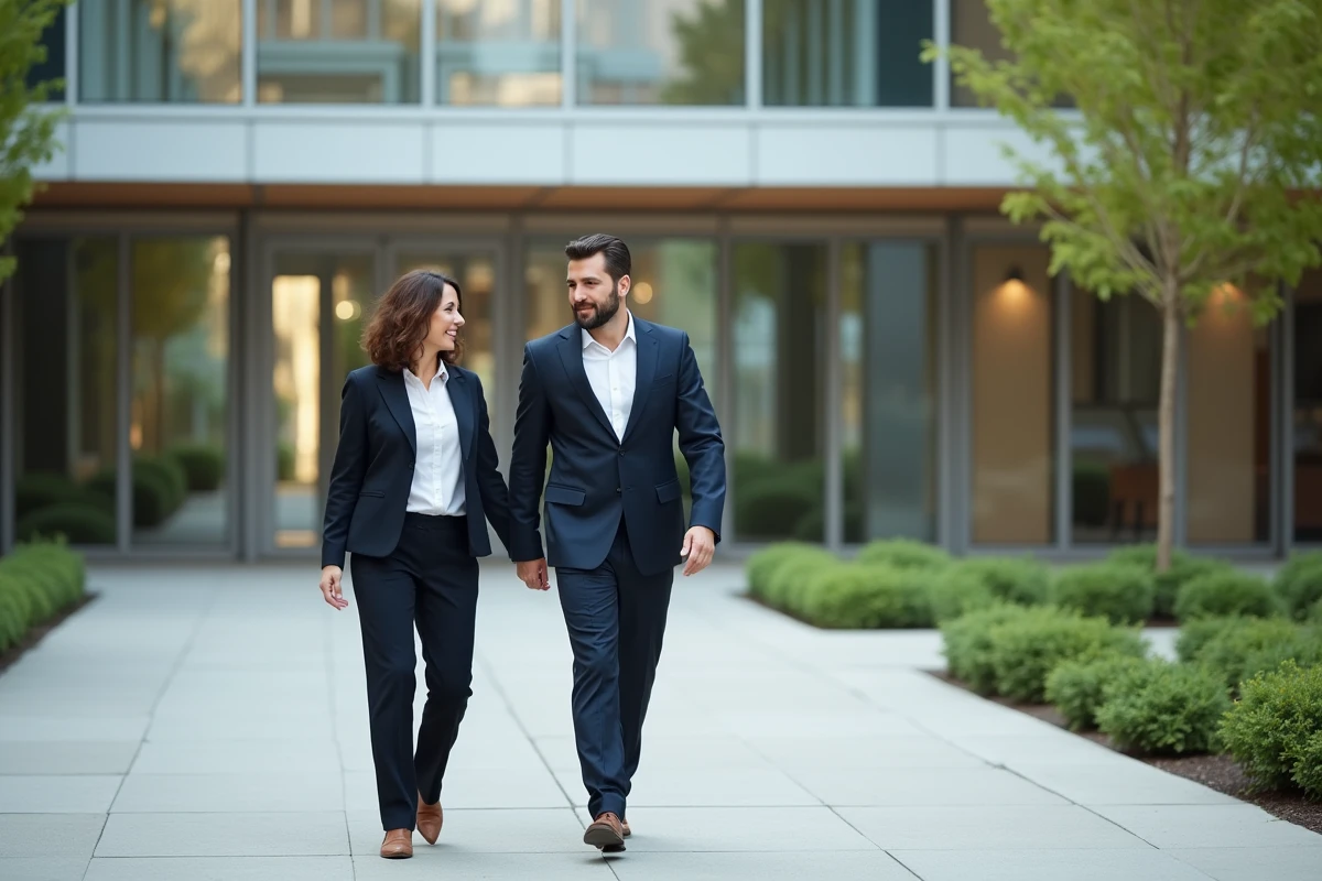 Deux professionnels discutant dans la cour d