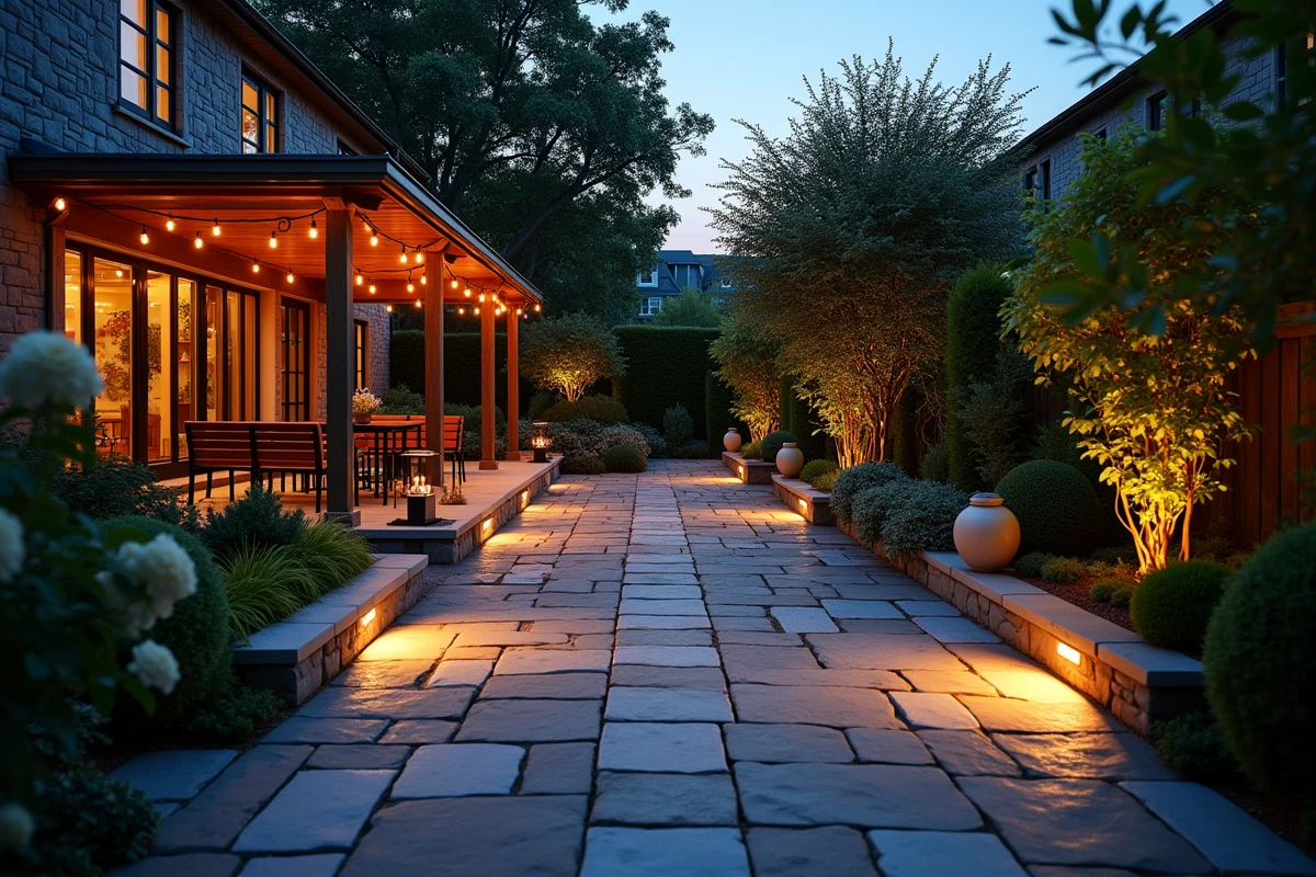 Jardin en soirée équipé d'un éclairage basse tension avec lampadaires de chemin, spots de terrasse et guirlandes lumineuses