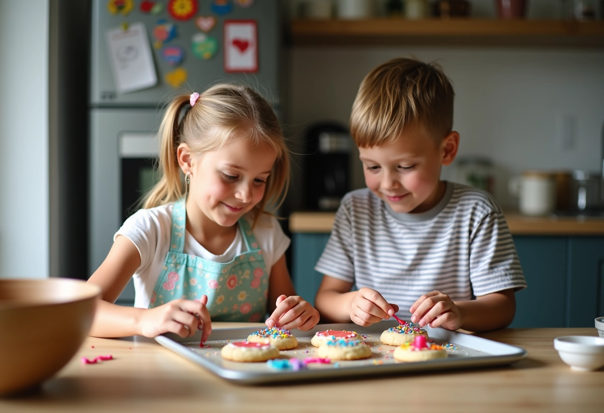 Enfants décorant des biscuits dans une cuisine moderne