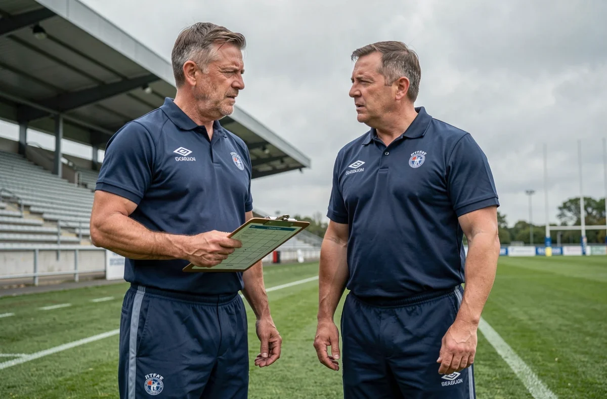 Entraîneurs de rugby en discussion tactique sur le terrain d'entraînement, contexte des rumeurs de transfert et gestion du groupe à l'ASM Rugby