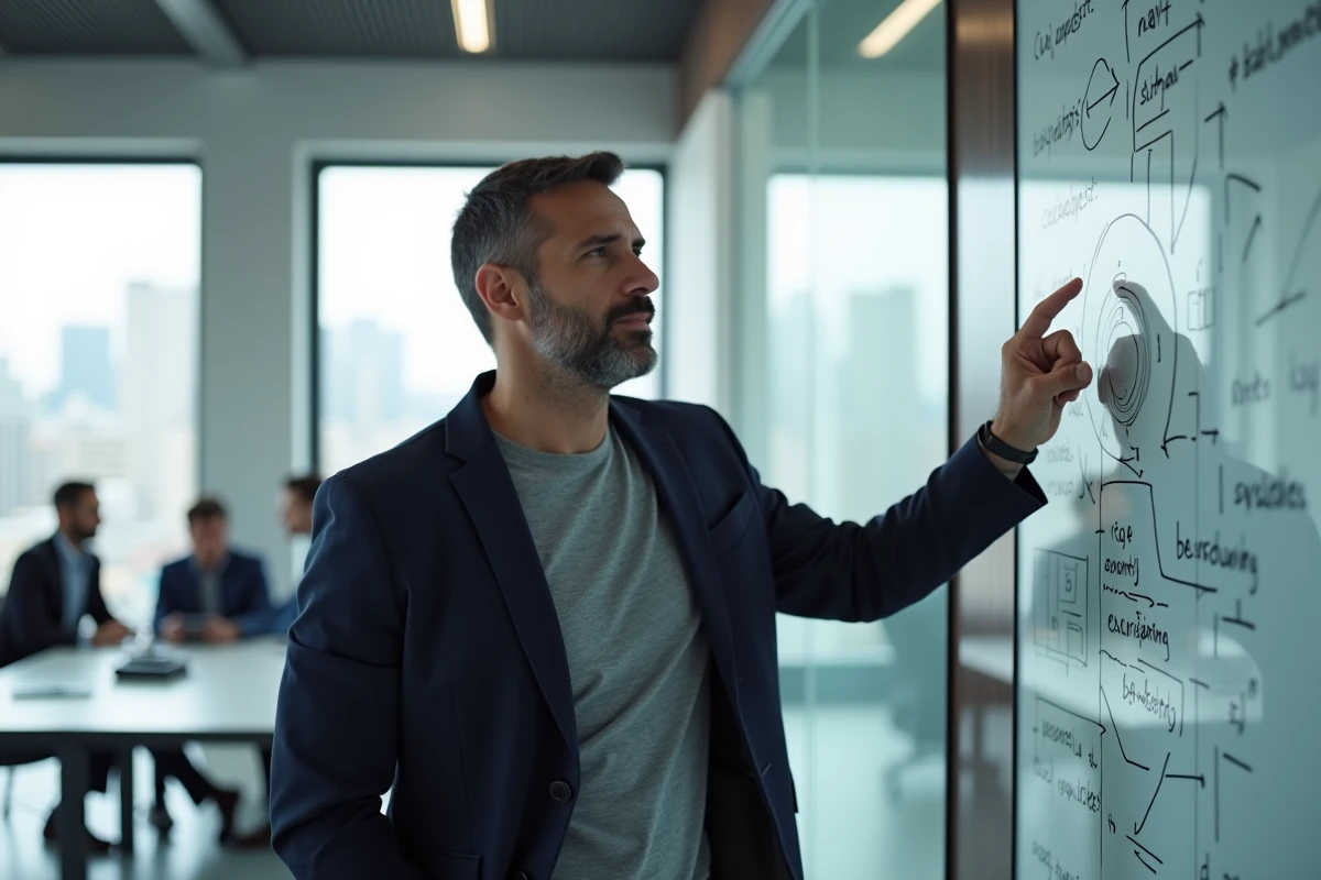 Entrepreneur masculin présentant une stratégie commerciale sur un tableau blanc dans un bureau moderne