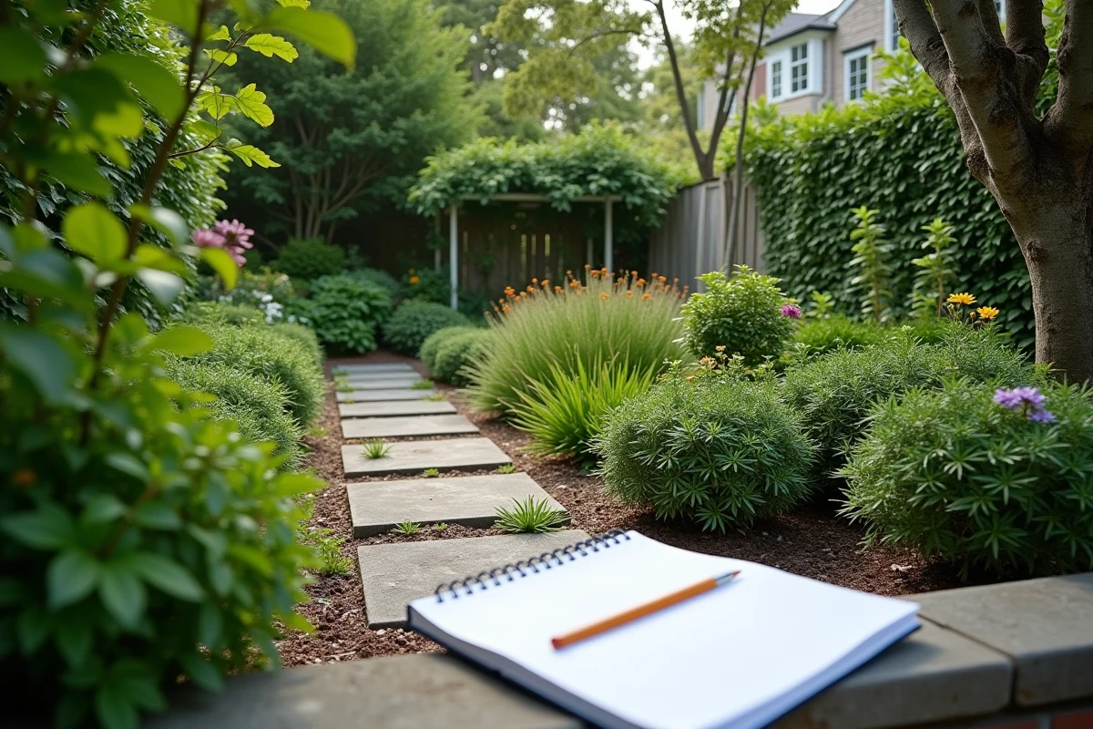 Jardin mal planifié montrant des erreurs courantes comme des plantes trop rapprochées, une allée trop étroite et des arbres mal positionnés