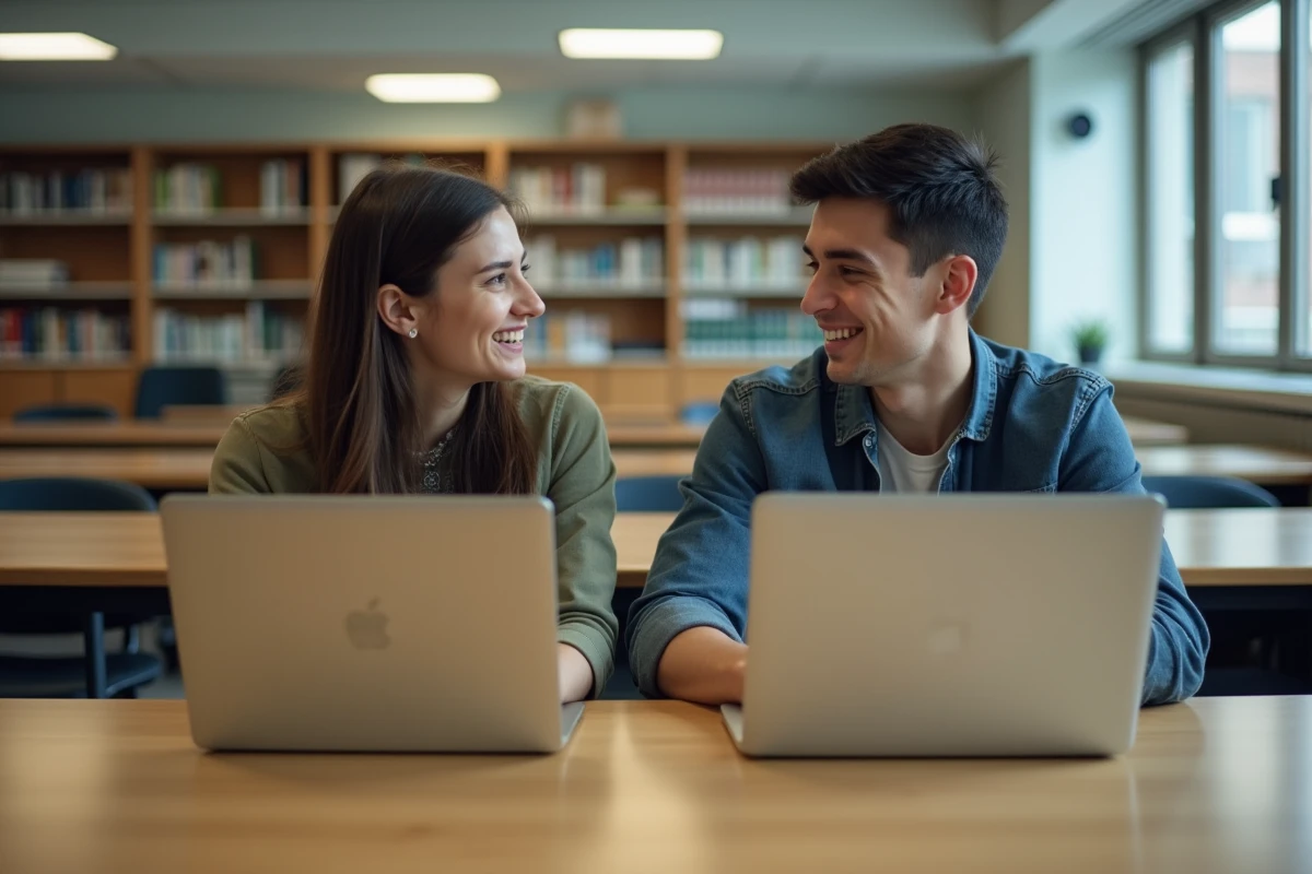 Deux étudiants préparant ensemble la certification Pix dans une salle d'étude de bibliothèque universitaire