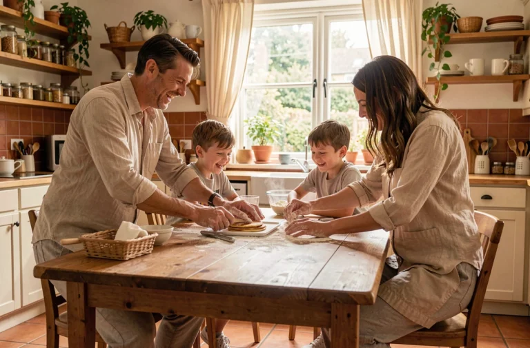 Famille réunie autour d'une table en bois dans une cuisine chaleureuse, parents et enfants préparant des crêpes ensemble le matin