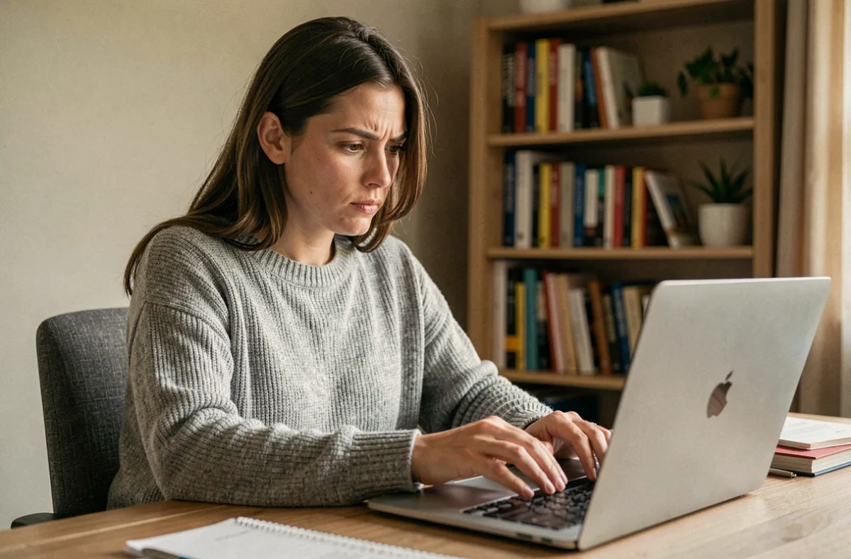 Femme lisant l'actualité en ligne sur un ordinateur portable dans un bureau à domicile
