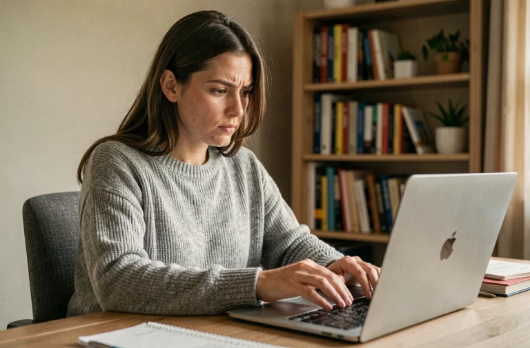 Femme lisant l'actualité en ligne sur un ordinateur portable dans un bureau à domicile