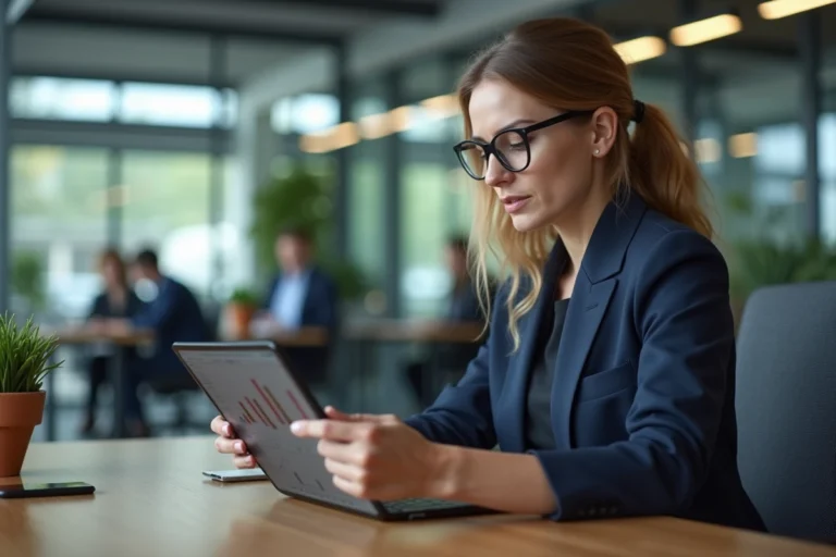 Femme en blazer bleu analysant des graphiques financiers au bureau