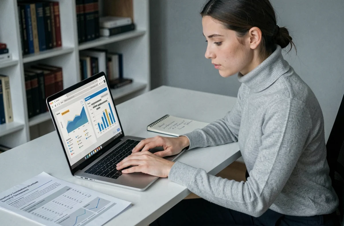 Femme analysant des simulations de prêt immobilier et des graphiques d'investissement en Belgique sur ordinateur portable