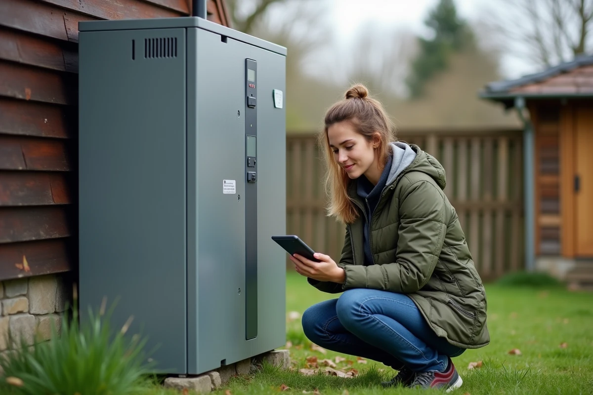 Jeune femme examinant une batterie solaire dans un jardin rural