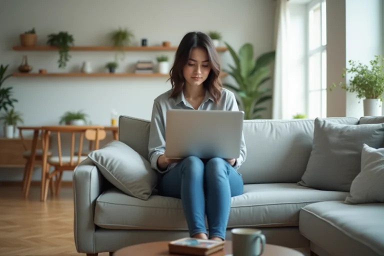 Jeune femme au salon utilisant un ordinateur portable