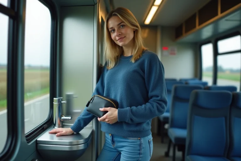 Femme souriante dans la salle de bain moderne du bus