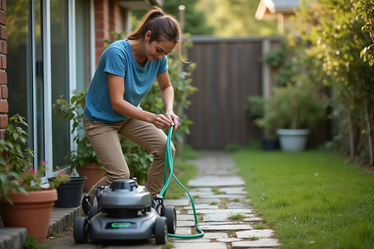 Jeune femme connectant un câble vert à la tondeuse