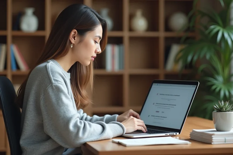 Jeune femme concentrée passant la certification Pix sur un ordinateur portable dans un bureau à domicile