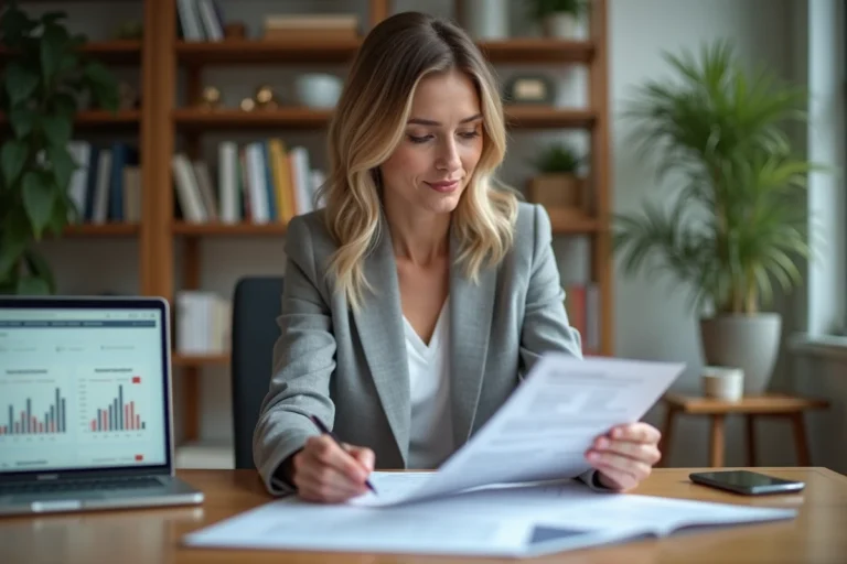 Femme consultant des documents de prêt immobilier à son bureau pour comparer les taux en 2024