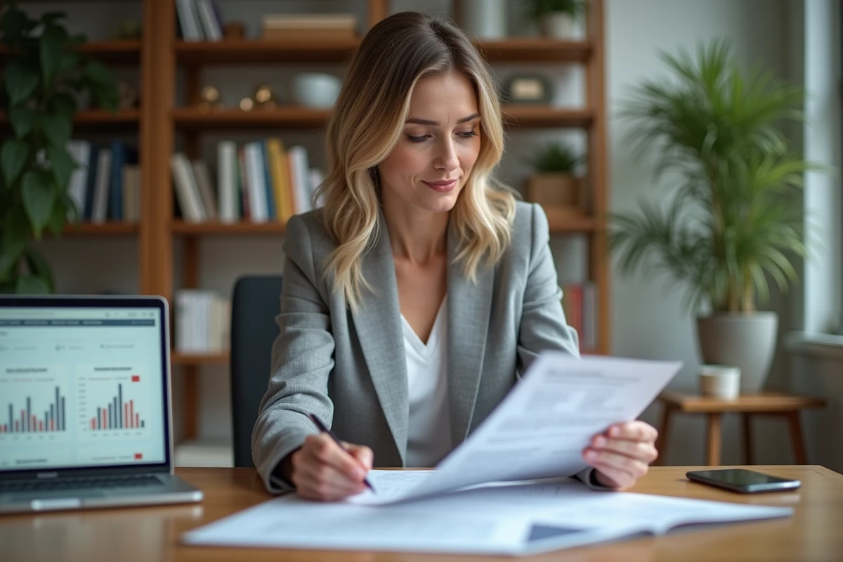 Femme consultant des documents de prêt immobilier à son bureau pour comparer les taux en 2024