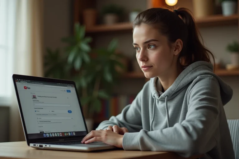 Jeune femme convertissant une vidéo YouTube en MP4 sur un site en ligne depuis son bureau à domicile