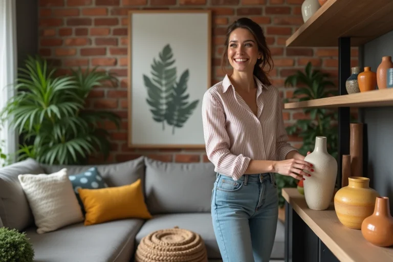 Femme souriante arrangeant des vases en céramique dans un salon cosy