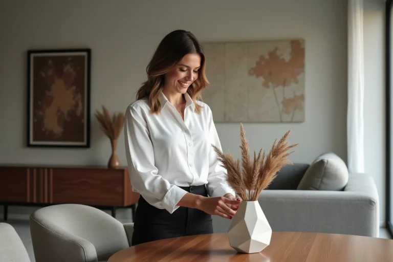 Femme élégante dans un intérieur contemporain avec vase en céramique