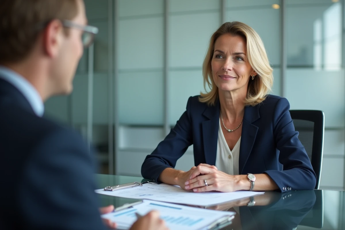 Femme en discussion avec conseiller financier dans un bureau moderne