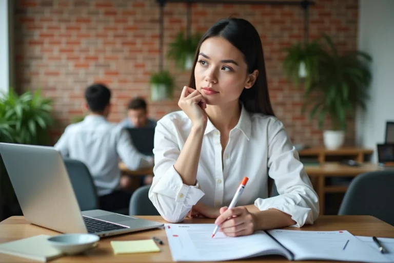 Femme entrepreneuse concentrée travaillant sur un plan d'affaires dans un espace de coworking moderne