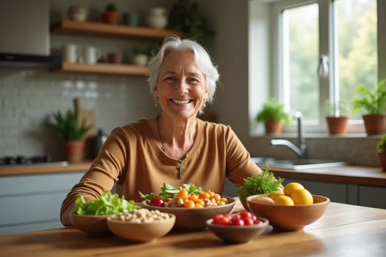 Femme souriante arrangeant fruits et légumes dans la cuisine