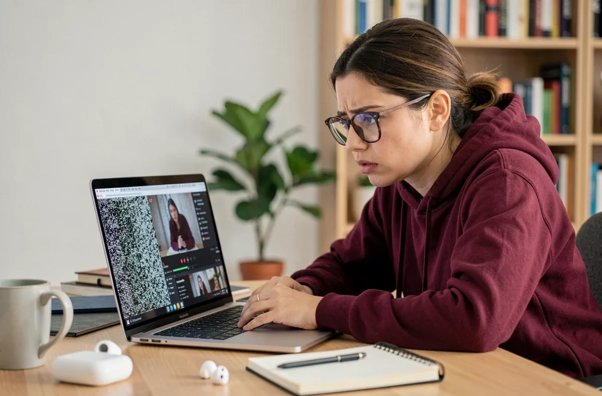 Femme frustrée face à une vidéo de mauvaise qualité HDTS sur son ordinateur portable