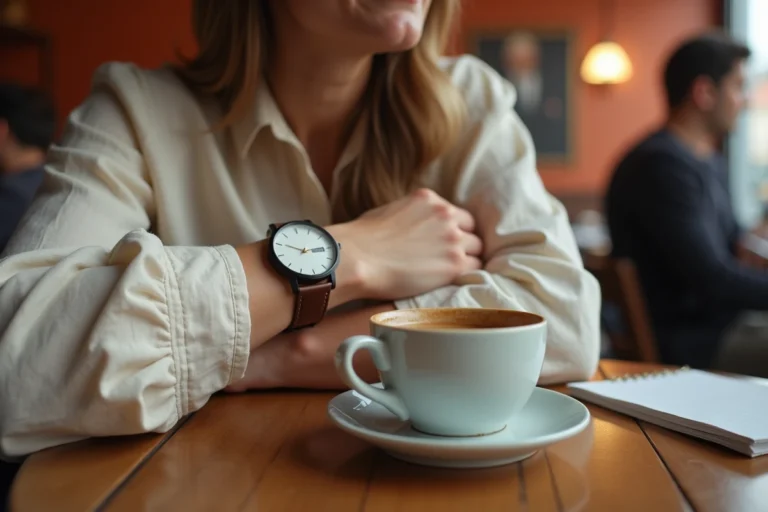 Femme portant sa montre à l'envers sur le poignet intérieur dans un café parisien