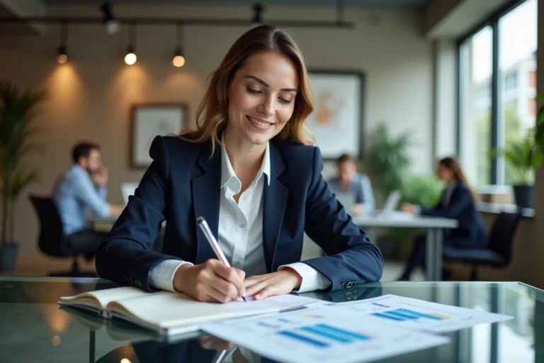 Femme professionnelle en blazer marine révisant des plans de carrière dans un bureau moderne et lumineux